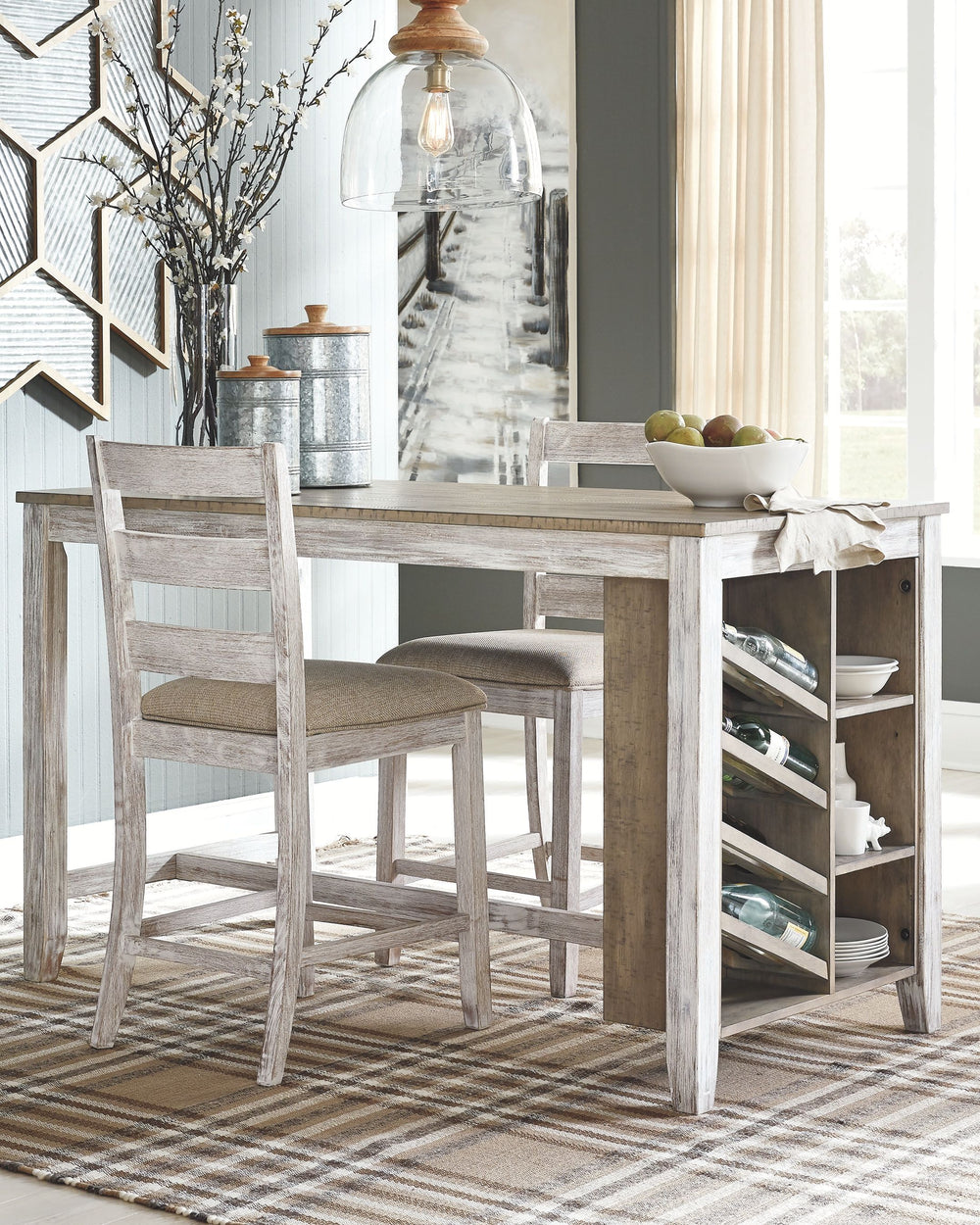 This counter height table with storage invites you to raise the bar on small space living. An inspired choice for coastal chic or modern farmhouse settings, this clean-lined, simply striking table doubles the charm with a brown tone top with plank effect,