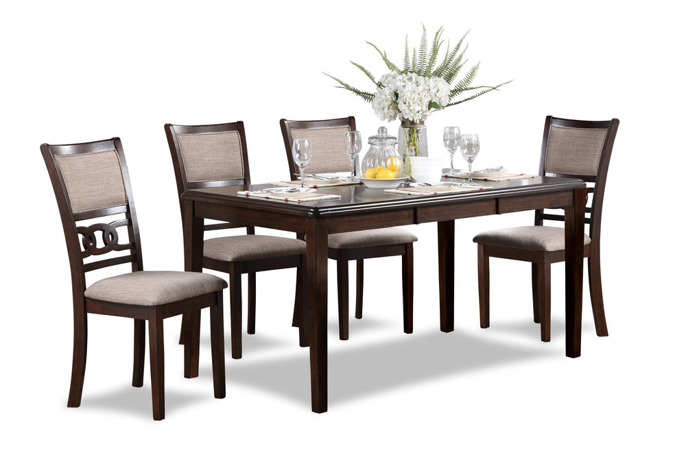 The New Classic Gia 5-Piece Wood Rectangle Dining Set is crafted from solid Rubberwood and Mindi veneers for a perfect blend of durability and aesthetic appeal. The inviting brown cherry finish, achieved through a meticulous multistep process and clear co