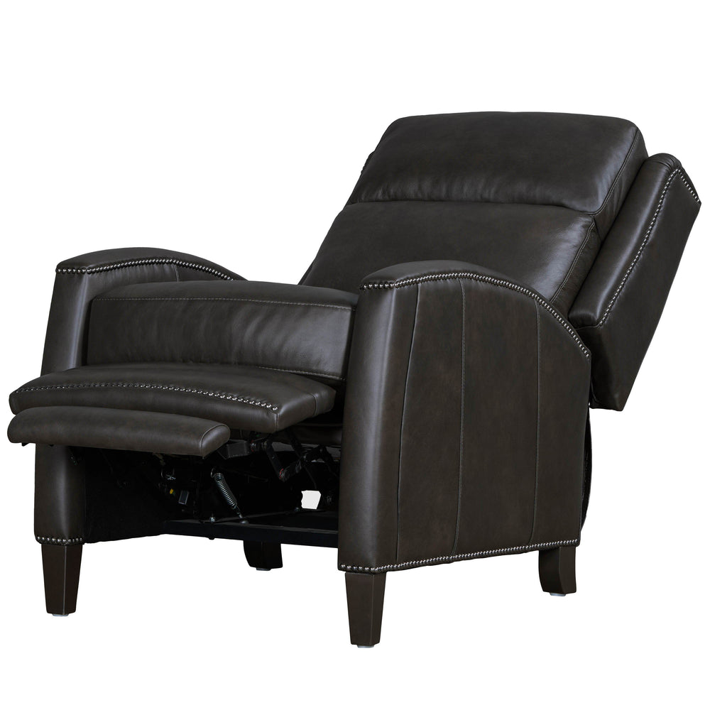 The Vermont pushback recliner offers a luxurious and effortless manual pushback recline feature, allowing you to easily find the most comfortable position for relaxation. It is upholstered in soft leather with custom matching and features decorative nail 