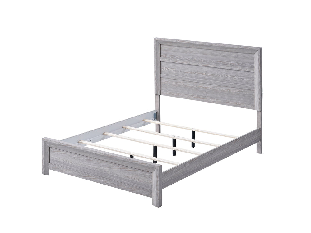 This bedroom set is the embodiment of understated sophistication, featuring a neutral drift wood finish that complements its clean and contemporary design. The robust bed frame anchors the room with a sense of sturdiness and style. Accompanying the bed ar