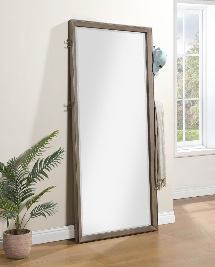 This full-length floor mirror combines functionality with stylish design, making it an essential piece for any modern bedroom. The sleek, washed oak frame provides a neutral and versatile accent that complements various decor styles. Four integrated cloth