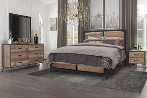 Elevate your bedroom with the Elk River 4-Piece Bedroom Set, crafted for those who appreciate a blend of modern industrial design and practical functionality. This set includes a bed, a 6-drawer dresser, a matching mirror, and a 2-drawer nightstand, all f