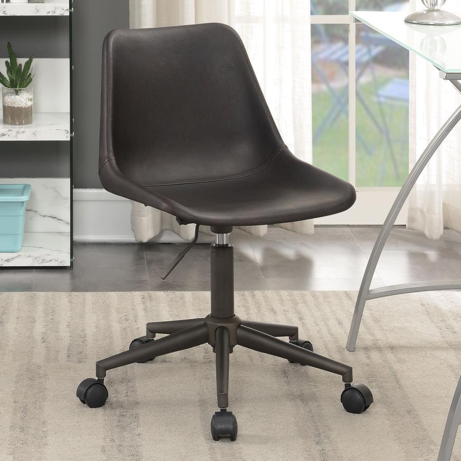 If you prefer a no-frills office space, this simple, brown office chair is an excellent choice. The curved seat offers the perfect amount of support for an efficient workday. Brown fabric upholstery and a matching brown base gives it a no-nonsense look. S