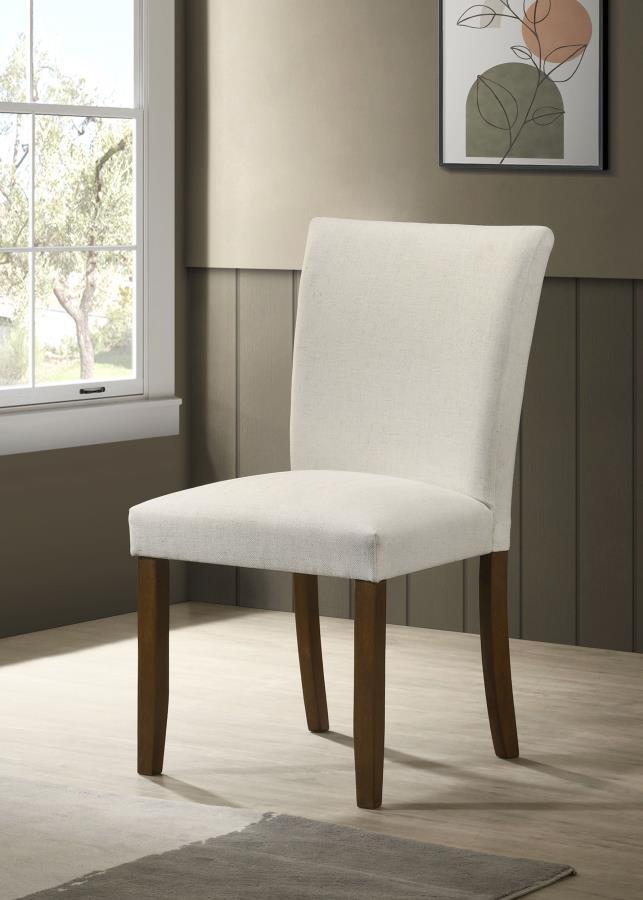 Upgrade your dining table with the fresh silhouettes and contemporary flair of this set of two modern side chairs. Each boasts an armless profile and lovely upholstery that creates the perfect touch of texture. Foam cushions provide exemplary comfort, per