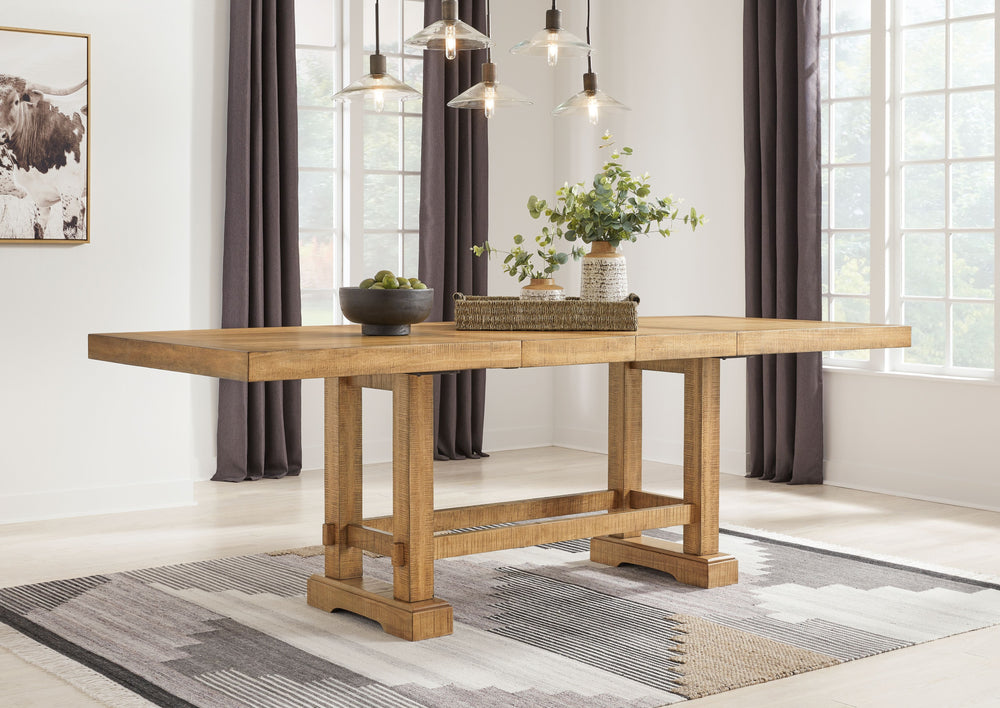 This dining package is a favorite for casual rustic interiors. Casual Rustic design. Made with Rubberwood solids, distressed Pine veneers and MDF substrates. Distressed light brown Pine finish. Counterheight extension table with two center leaves, can sit