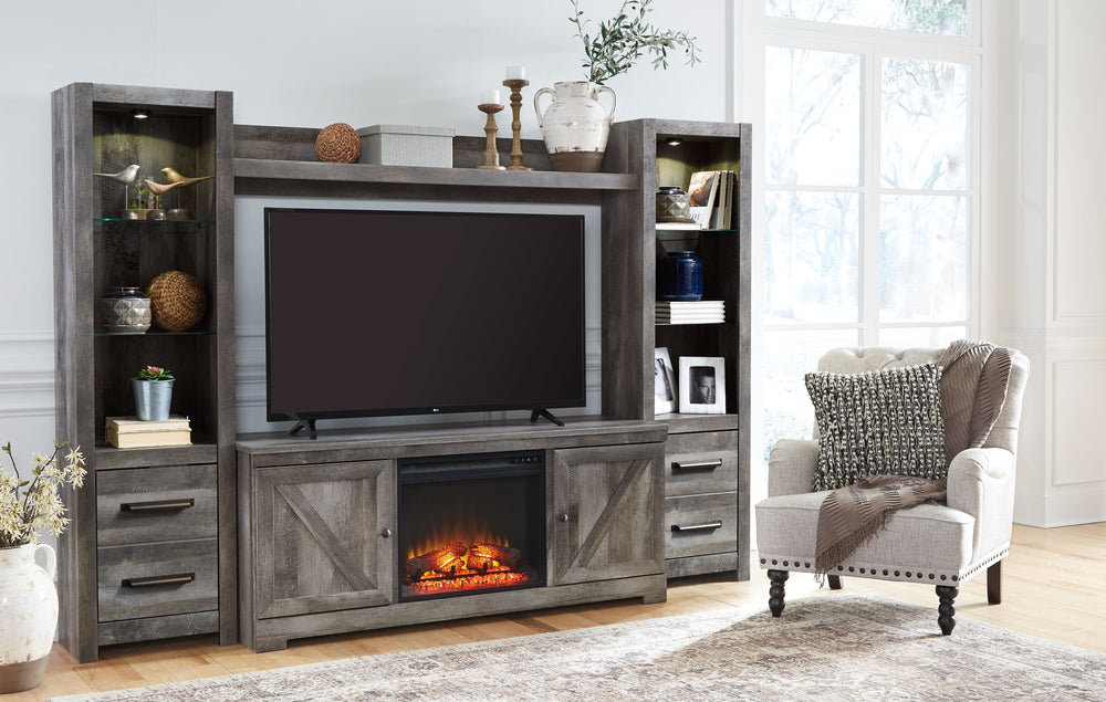 This entertainment center is sure to win your heart with its daring designer take on modern rustic. Its crisp, clean and minimalist-chic profile is enriched with a striking replicated oak grain with thick plank styling and a weathered gray finish for that