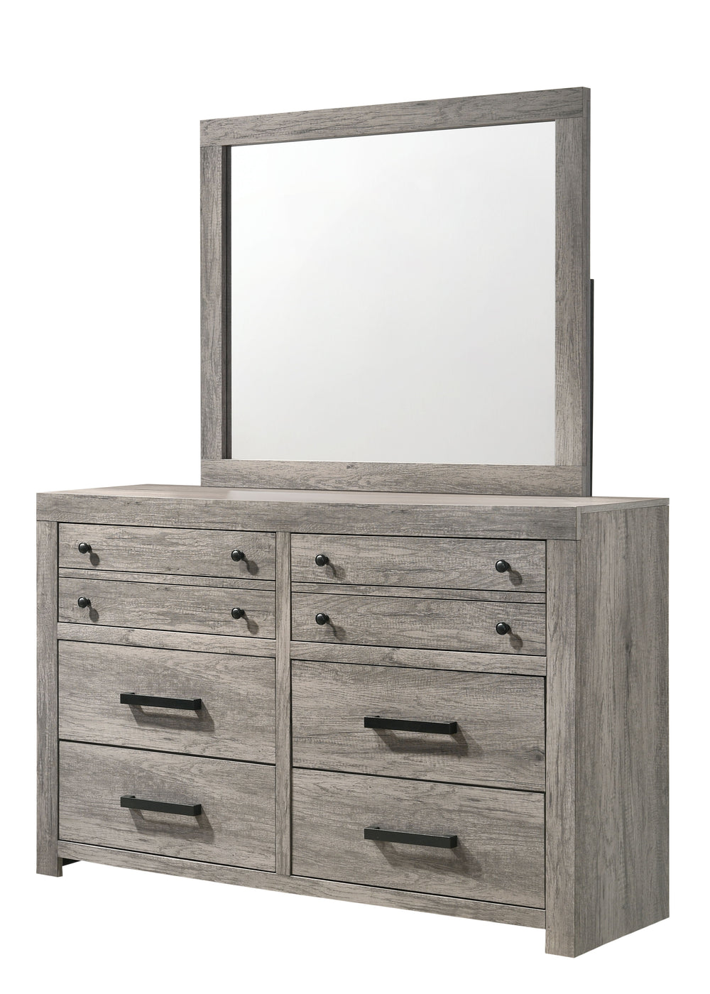 This bedroom set presents a harmonious blend of rustic charm and streamlined design, showcasing a weathered gray finish that brings a tranquil, grounding atmosphere to any sleeping space. The ensemble includes a robust bed frame with a striking headboard 
