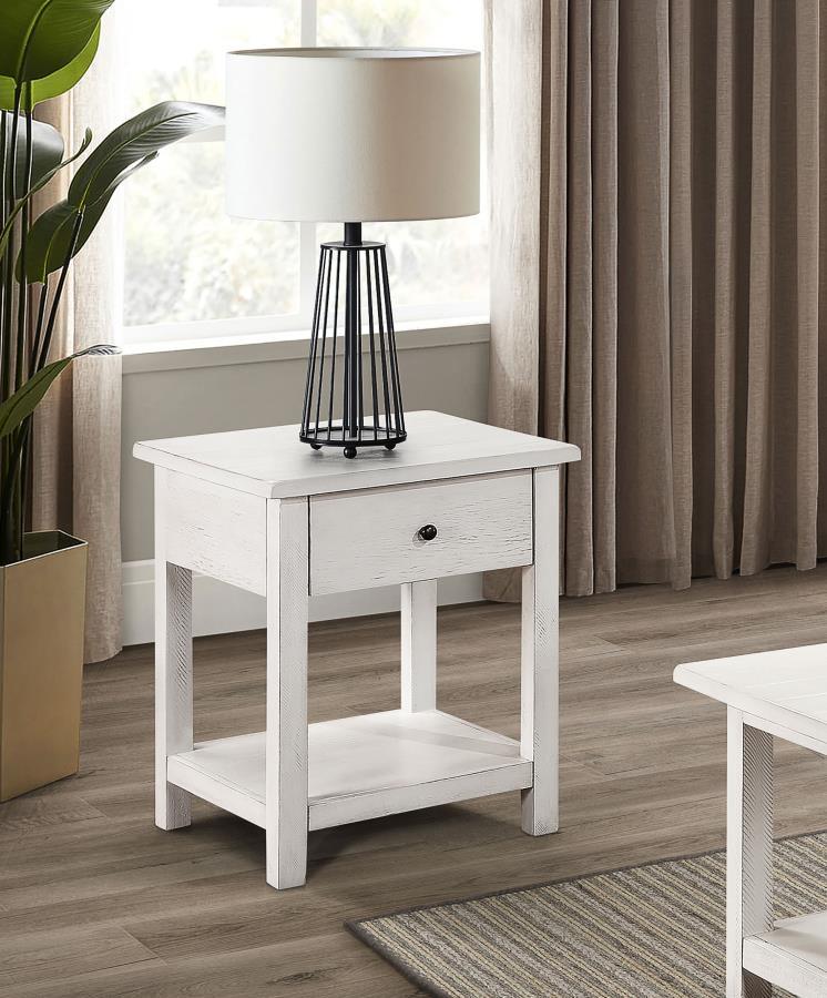 This rustic end table merges classic style with practical storage, making it a charming focal point in any living room. Built from pine wood and reinforced with engineered wood, its square silhouette highlights a subtle, timeworn aesthetic. An integrated 