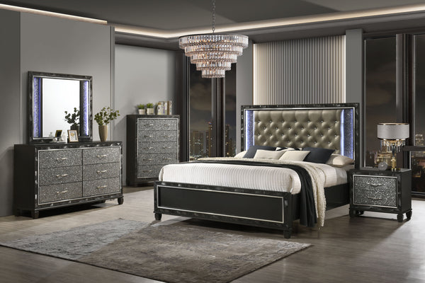 Transform your bedroom into a sanctuary of sophistication with the Radiance Western King 5 Piece Bedroom Set. Crafted from a blend of Solid Rubberwood and manufactured woods, this collection ensures unwavering stability and longevity. Its semi-gloss lacqu
