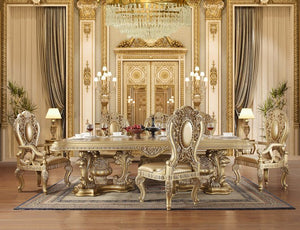 Seville - Double Pedestal Dining Table - Beige - 106-"<br/><br/><b>Product Features</b><ul><li>Fixed Table Top</li><li>Pedstal Table</li><li>Hollow Carving & Upholstery Chair</li><li>Leaf Shape Curio w/3 Tier Shelf</li><li>Case: 1Set/3Ctn</li><li>Finish: 