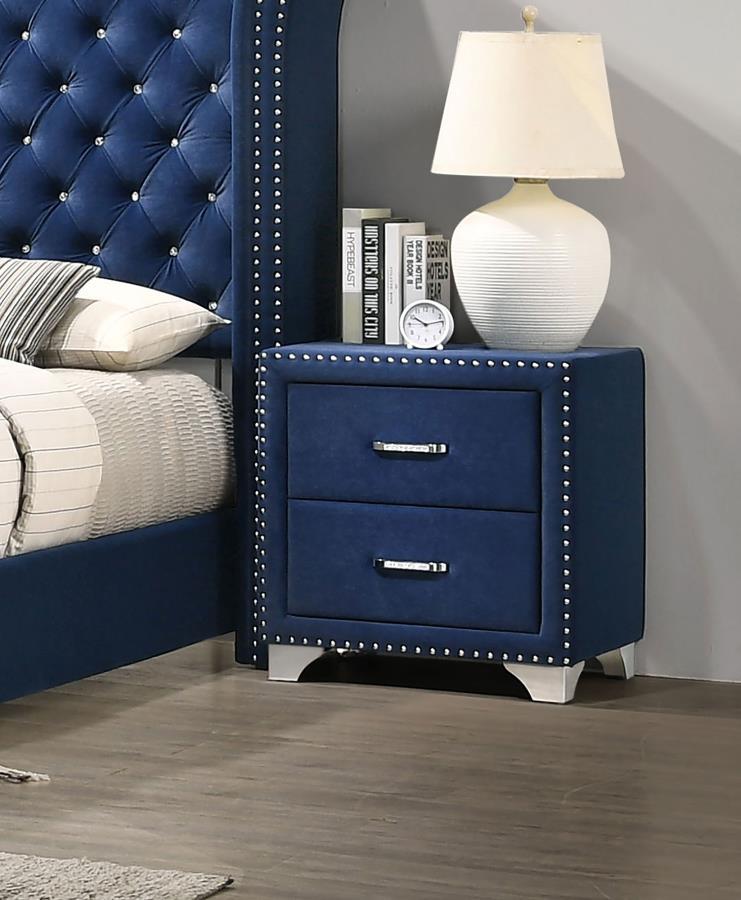 You-'ve never seen furniture so elegant until this nightstand entered the picture. Entirely upholstered in velvet, this nightstand is a conversation starter. It has two spacious drawers to store your bedside items. Nail head trim makes a glorious statemen