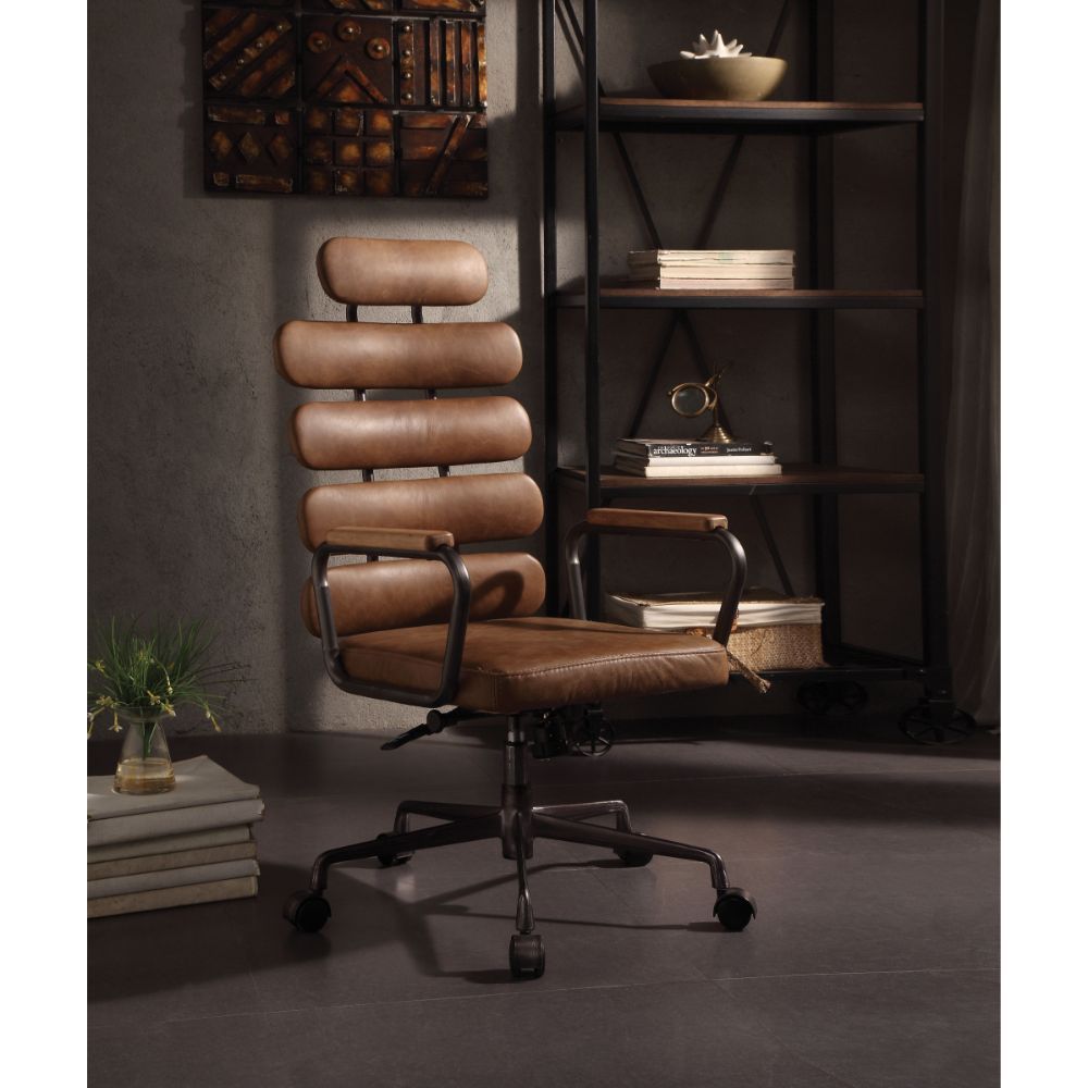 KD, Executive Arm Office Chair (High Back) â€¢ Seat: Swivel (360 Degrees), Adjustable Height (Pneumatic Lift) â€¢ Padded Back & Seat: Top Grain Leather Cushion, Backrest: 5 Horizontal Panels â€¢ 5-Star Base w/Casters: Metal Base â€¢ Armrest: Wood with Met