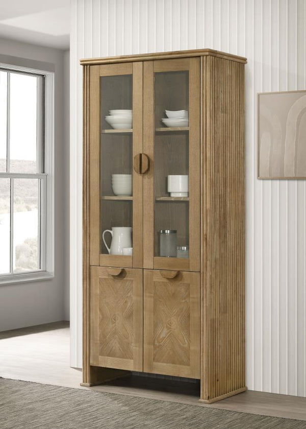  finished in pearly almond. Showcasing tempered glass framed doors and adjustable shelves