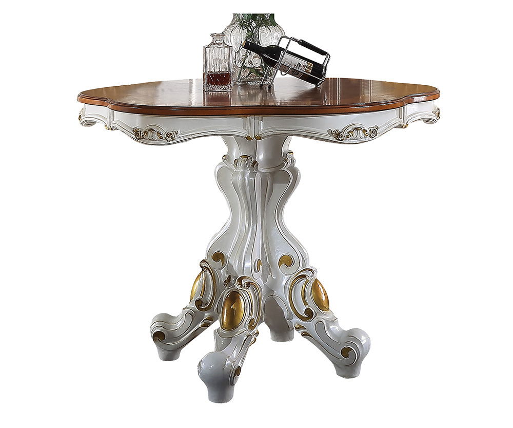 Part of Acmeâ€™s exclusive Picardy collection, this impressive counter height dining set features a round pedestal table with spectacular antique hand-brushed accents over an elegant antique pearl finish. The matching counter height chairs are upholstered