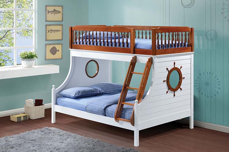 Bring joy to your little sailor-'s face with the Farah collection. The bunk bed features twin over full beds in a warm oak and white finish, easy access guardrail with decorative turned spindles, right facing built-in ladder, supporting slat system and de