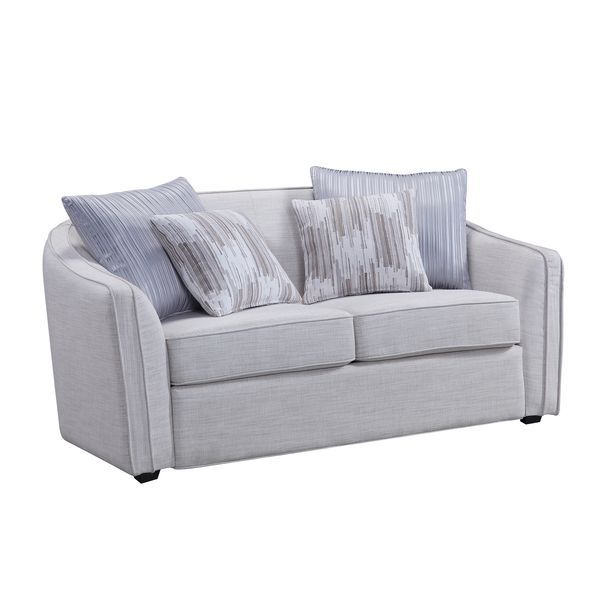 contemporary look with the gently curved Mahler II living room set. The inner wooden frame and block plastic legs offer maximum support. Upholstered in a beige textured-linen fabric. The barrel seat back makes for plush