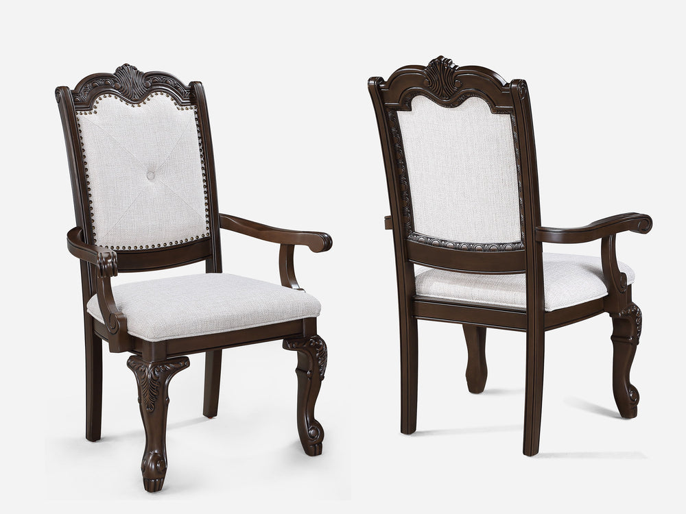Elevate your dining experience with this exquisite and elegantly crafted set, designed to bring timeless sophistication to your home. The grand rectangular table features a rich, dark finish and intricately carved double pedestal base, making it the perfe