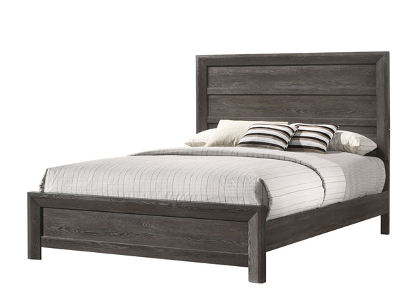  featuring a muted gray finish that complements its clean and contemporary design. The robust bed frame anchors the room with a sense of sturdiness and style. Accompanying the bed are coordi