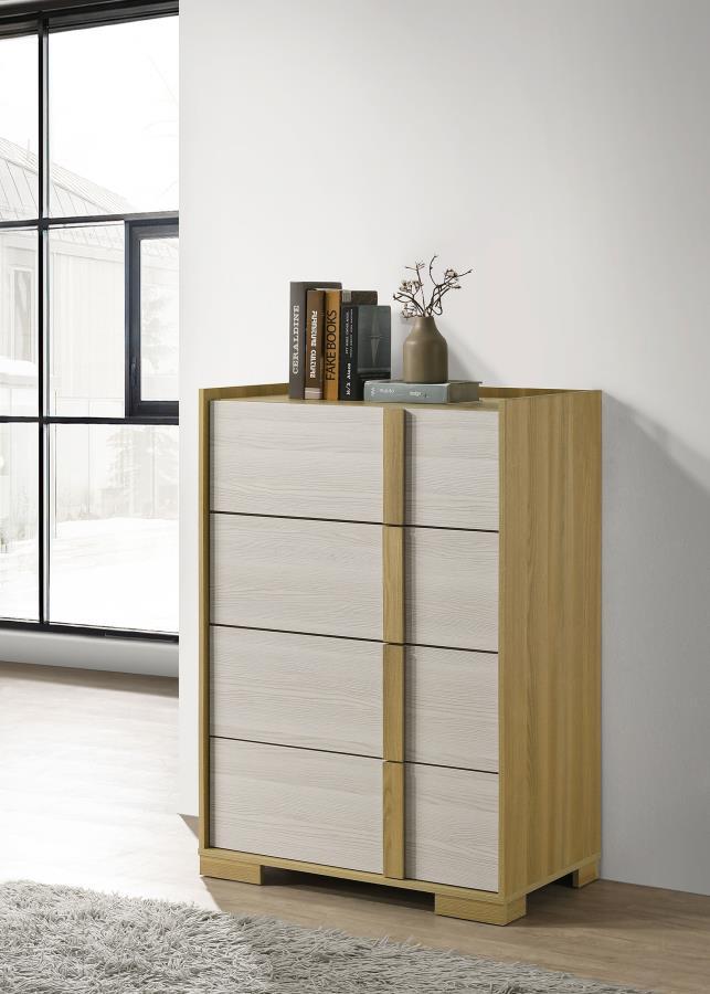 Add a touch of modern elegance to your bedroom with this stylish four-drawer chest. Inspired by contemporary Italian design, this chest features a sleek blend of natural wood tones and crisp white panels crafted from durable, easy-care melamine. The drawe