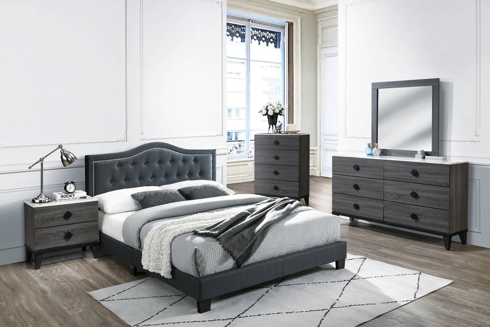 QUEEN BED/CHARCOAL BURPLAP
