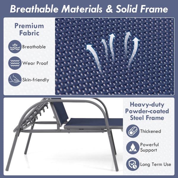 Don't leave the lounge chairs outside in raining days for prolonging its' using life <br>Made of Sun-proof and breathable fabric for long-lasting use <br>Powder coated steel frame provides sturdy support <br>Thick legs and anti-slip pads provide extra sta
