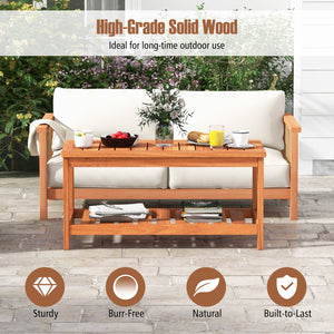 Made of solid wood for high stability and durability<br>Spacious tabletop makes items easy to fetch<br>Bottom storage shelf offers extra storage space<br>Looks elegant with natural wood surface<br>Suitable for both indoor and outdoor places<br>Matches mos
