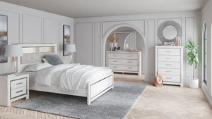 Altyra - 7 piezas - Cómoda, espejo, cama Queen con estantería, 2 mesitas de noche - Blanco
