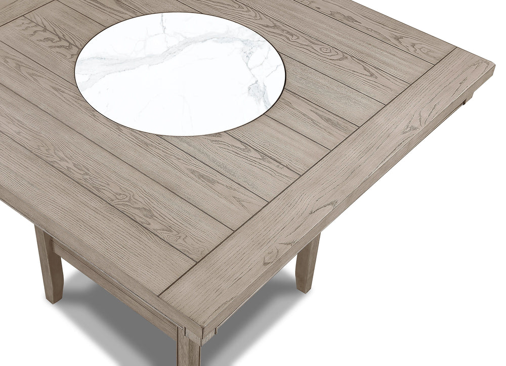 Elevate your dining experience with this elegant counter height dining set, designed to blend seamlessly with any modern or rustic dÃ©cor. The set features a spacious, finely crafted table with a built-in faux marble turntable and open lower shelf in a we