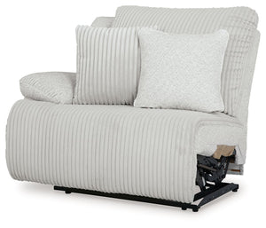 This left-arm facing power recliner is made with polyester upholstery. Pairs with other items in the series to make a sectional.<br><br><b>Additional Dimensions</b><br><ul><li>Arm height: 26-"</li><li>Seat depth: 23-"</li><li>Seat height: 20-"</li><li>Ful