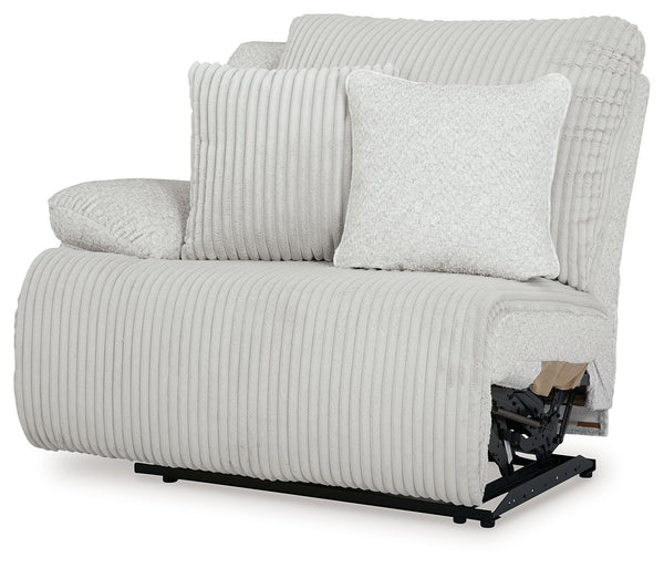 This left-arm facing power recliner is made with polyester upholstery. Pairs with other items in the series to make a sectional.<br><br><b>Additional Dimensions</b><br><ul><li>Arm height: 26-"</li><li>Seat depth: 23-"</li><li>Seat height: 20-"</li><li>Ful