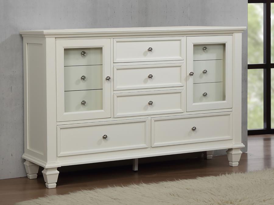 Bring both elegance and ample storage to your bedroom with this beautifully crafted dresser, featuring 11 spacious drawers and two wood-framed tempered glass doors. The mix of drawers and glass-paneled cabinets offers a perfect blend of functionality and 