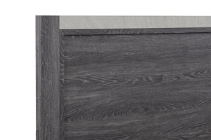  gray finish with a streamlined design. The sturdy bed acts as the focal point with a bold yet unadorned headboard
