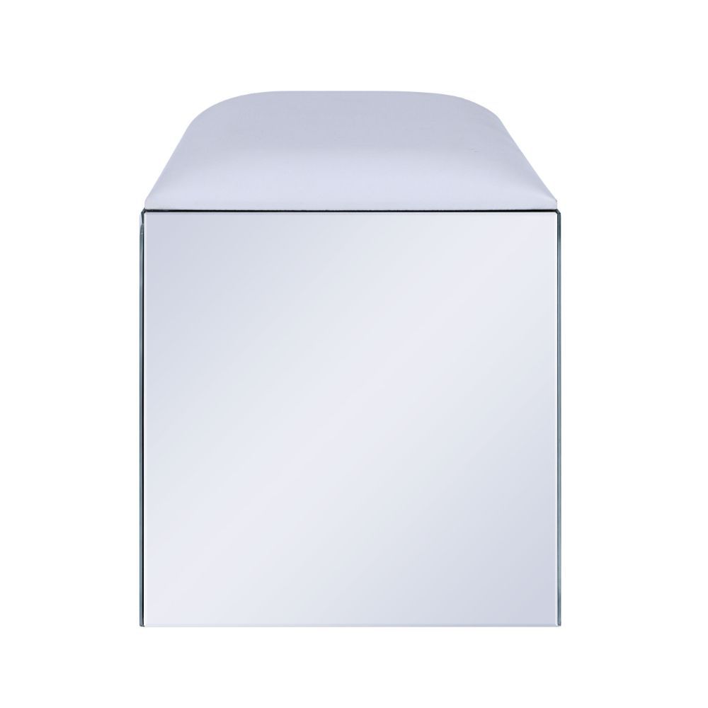 The Noralie Vanity Stool will give any room a touch of glamour. This contemporary stool is upholstered in an elegant bone PU fabric and is fully mirrored with a faux diamond inlay on each leg of its sled base. Use this unique vanity stool for make-up appl