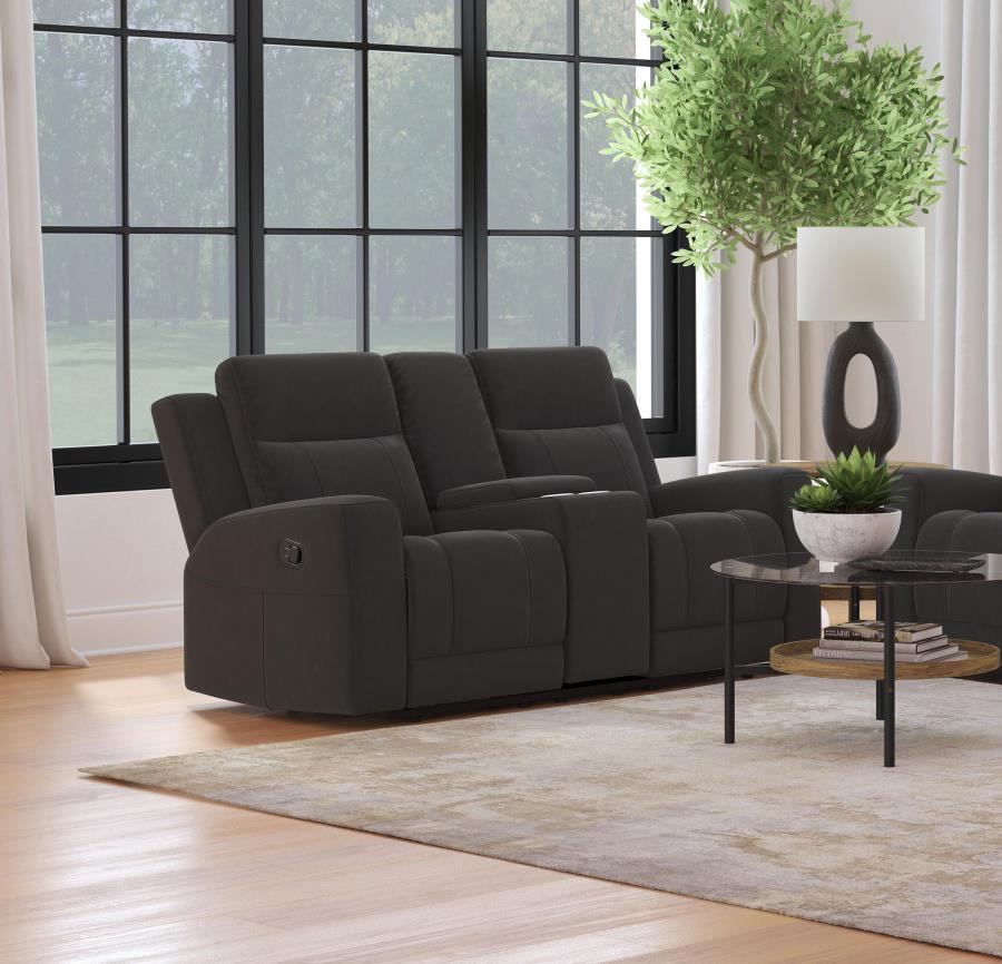 Revamp your living room or den with the inviting comfort of a modern reclining loveseat. Complete with a center console that adds storage and a pair of cupholders, this loveseat is sure to become your favorite on movie nights and game days. It features sl