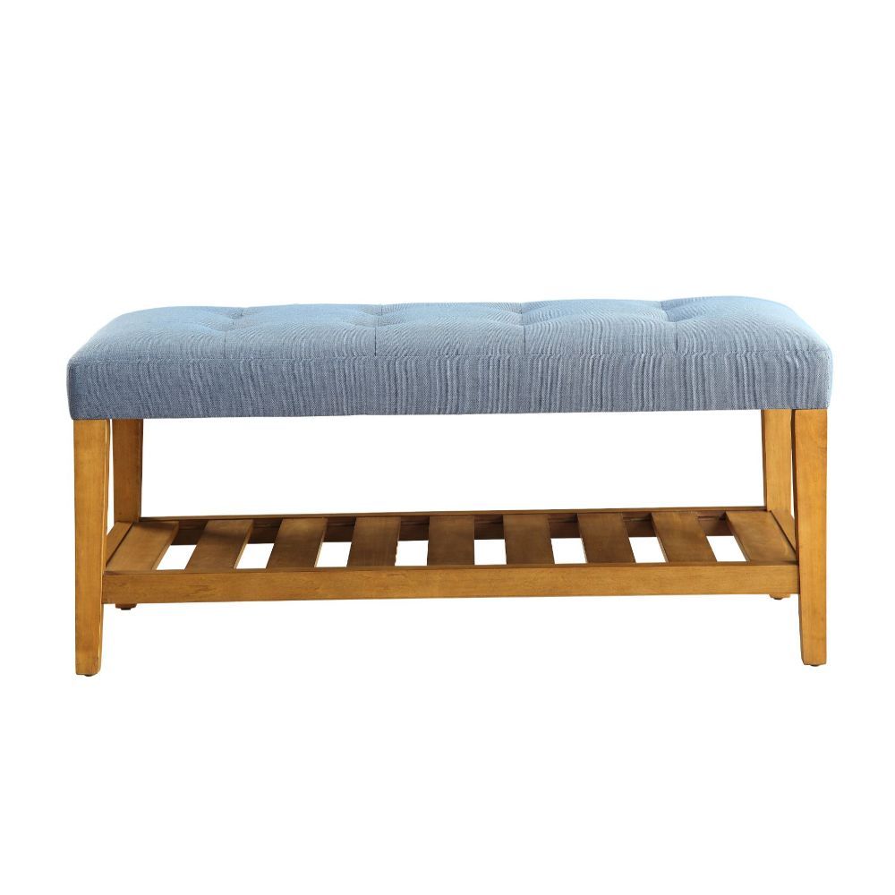 Simplistic lines pulling from the craftsman era and tapered legs to add some style, the Charla bench with button tufted full box seat can easily compliment any home styling Decor. The added width of the bottom slats serves as a function shelf. There are 4