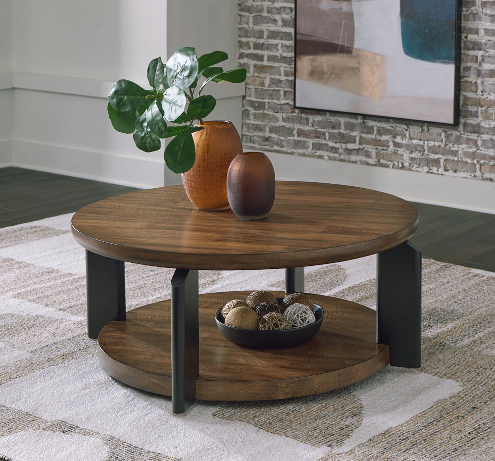 Experience the captivating allure of this coffee table, an effortless blend of casual and refined aesthetics. Its two-tone finish combines satin black with a rich brown wood tone for a modern, relaxed vibe that you-'ll love. Perfectly suited for your cont