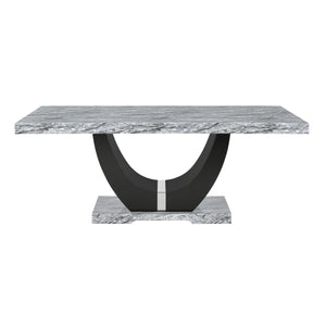  a blend of contemporary glam and practical design. This stunning table features a gray and black faux marble top that creates a striking contrast with its solid black U-shaped pedestal base. Con