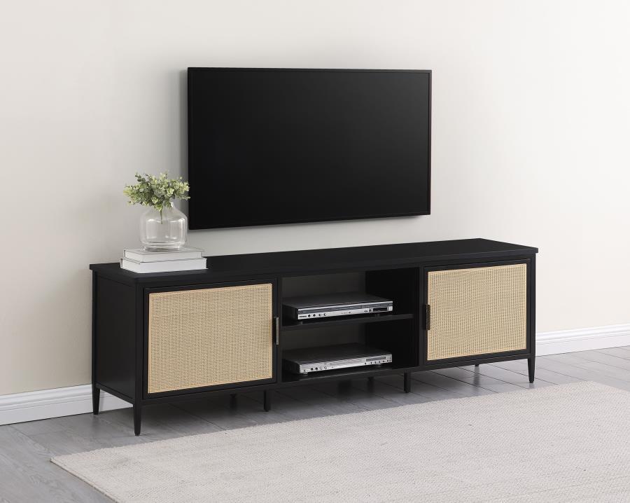Elevate your entertainment area with this sleek 70-inch TV stand, perfect for accommodating up to a 75-inch TV. The modern design features two door cabinets with stylish radio weave polyethylene (PE) rattan fronts, adding a touch of natural texture to you