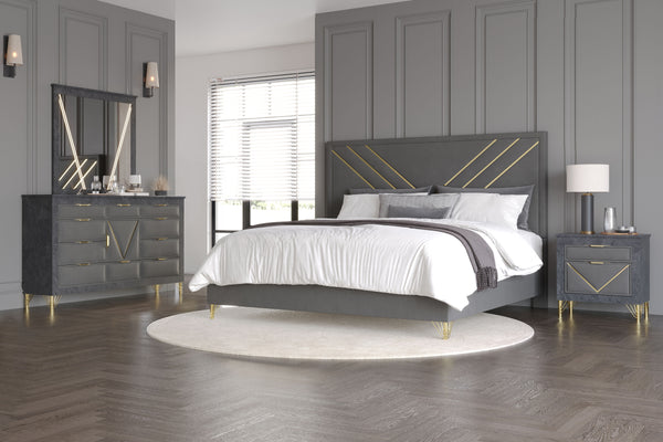 Transform your space with the Symmetry 4-Piece Bedroom Set in Gray, featuring an upholstered panel bed, dresser, mirror, and nightstand. Crafted from premium woods with a gray marble laminate, this set radiates timeless elegance. Gold metal and mylar acce