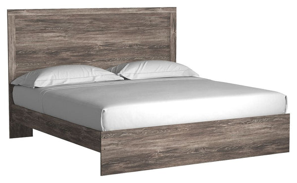 With its clean-lined look and modern attitude, this king panel bed is a fresh style awakening. Warm gray hue over replicated oak grain easily complements other furniture finishes. Simple, unadorned profile is given depth and dimension with the addition of