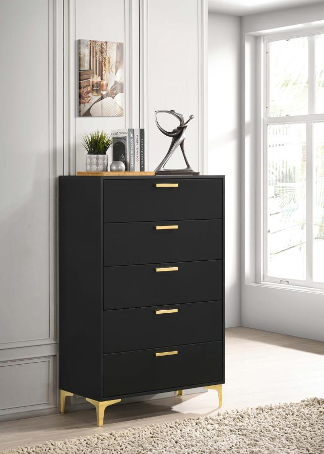 Organize garments, bed linens, and much more in this modern glam chest. Space-saving and tall with a simple, boxy frame, this five-drawer chest keeps your bedroom floor space open and free. A smooth, black finish presents a bold contrast and dramatic flai