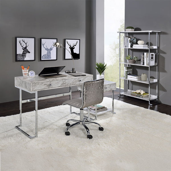 Tigress - Writing Desk - White Printed Faux Marble & Chrome Finish