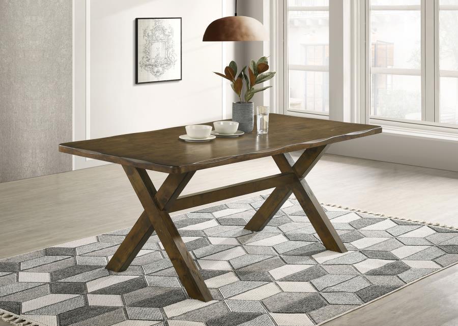 This timeless styled dining table from the Alston collection adds charm to the dining space. Constructed of solid hardwood with knots that-'s both durable and desirable. Organic wood grains give the table a bucolic ambiance. Table edge is given a worn, di