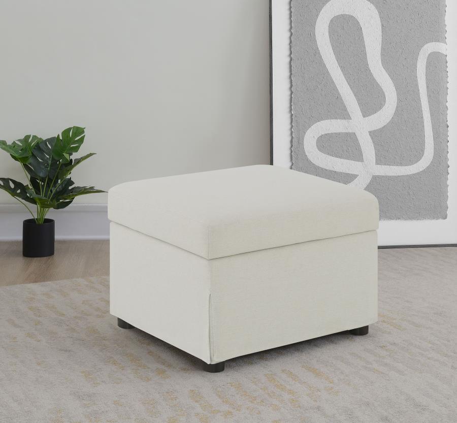 This versatile storage ottoman enriches your living space with stylish functionality. Upholstered in soft, neutral fabric, its hydraulic lift top reveals hidden storage perfect for stashing blankets, magazines, or personal essentials. Use as a footrest, e