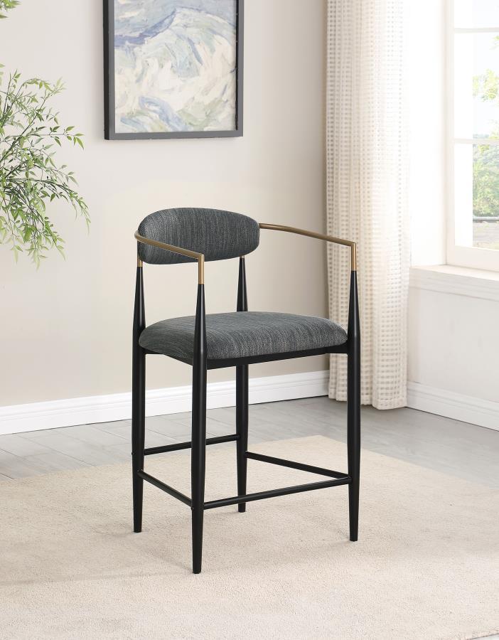 Charm is the watchword for a set of two modern counter height stools. Each embraces a light, airy ambiance with an open back and slim, rounded rest that provides ample support for everything from a leisurely meal to a quick bite. Its padded seat adds foam