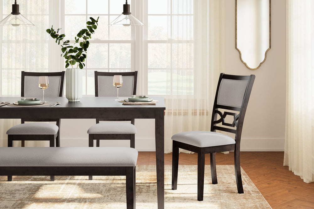  chairs and bench ensemble. Its clean-lined profile is enriched with a traditional cherry finish that merges with contr