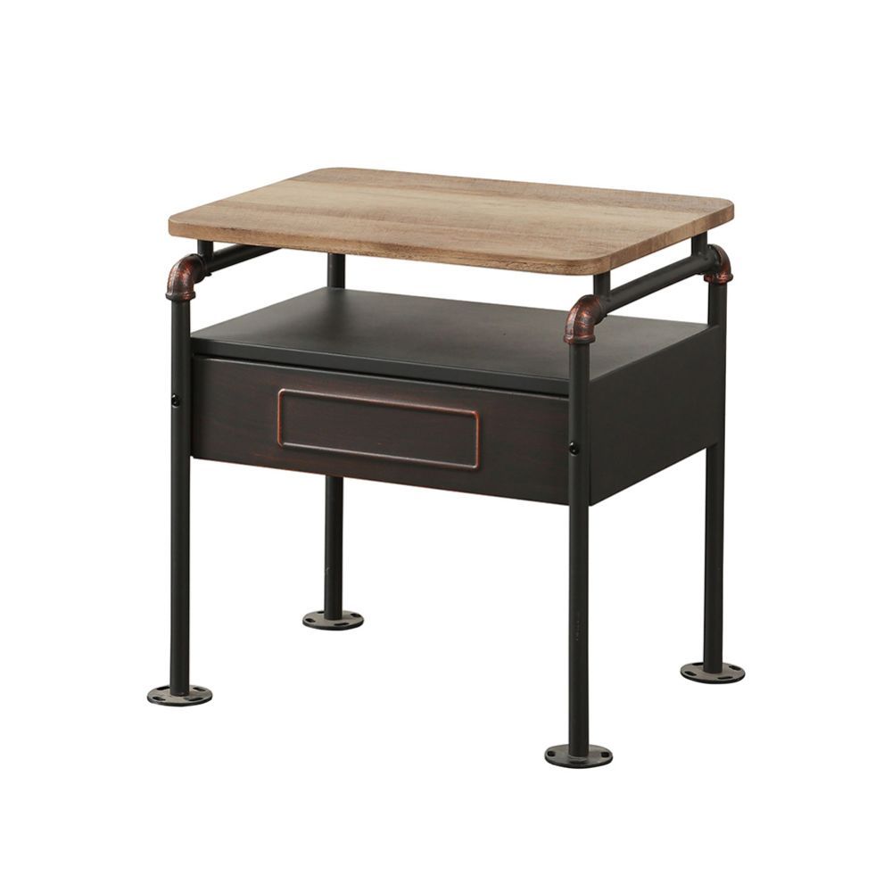 The Nicipolis nightstand combines a vintage look with an industrial design, features antique oak wooden top, sandy gray metal construction, one drawer and one open storage compartment. This piece with casual detail making is the perfect addition to your b