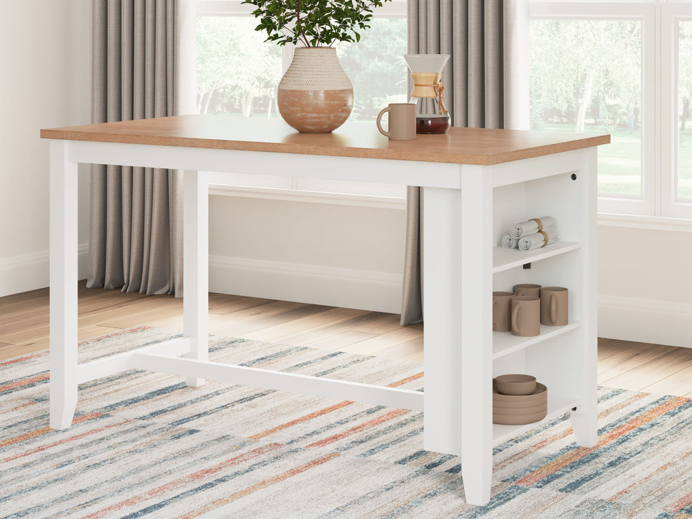 Complement your homeâ€™s simply relaxed sensibility with this counter height dining table. A crisp white hue offers a chic contrast to the natural wood tone, for a neutral look that vibes with a variety of aesthetics. Built-in storage shelves keep kitchen