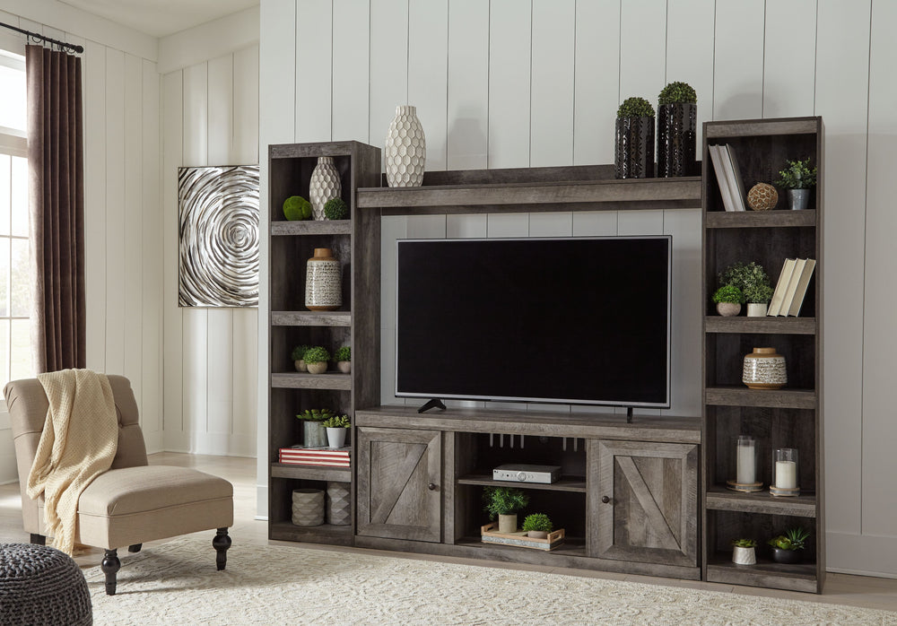 This entertainment center is sure to win your heart with its daring designer take on modern rustic. Its crisp, clean and minimalist-chic profile is enriched with a striking replicated oak grain with thick plank styling and a rustic gray finish for that mu