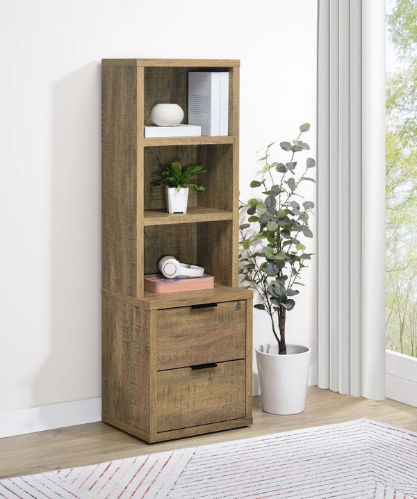  featuring a wood-inspired finish. Equipped with three open shelves and two drawers